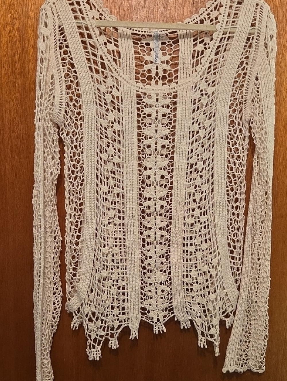 Adiktd Cream Crochet Open-Weave Long Sleeve Top